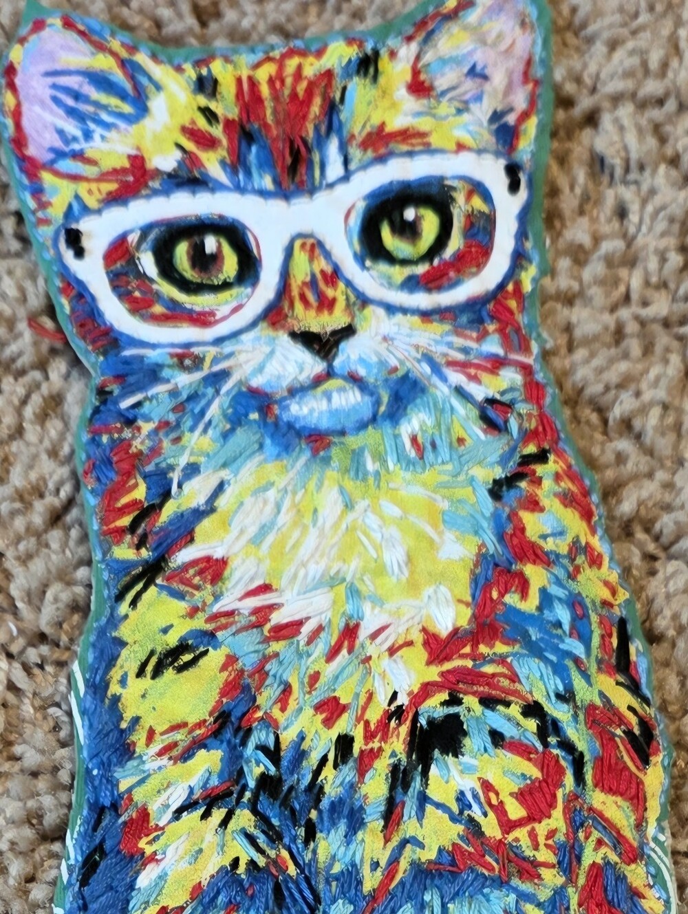 HAND CRAFTED Jacket UPCYCLED Blue Denim Embroidered Cat Glasses Tee Size Small - Picture 2 of 15